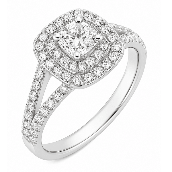 4 four claw solitaire cushion round brilliant cut Diamond engagement ring double halo cluster set split shoulders Platinum yellow gold