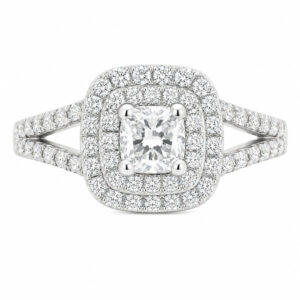 4 four claw solitaire cushion round brilliant cut Diamond engagement ring double halo cluster set split shoulders Platinum yellow gold