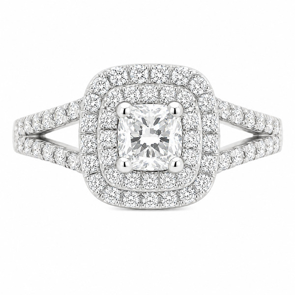 4 four claw solitaire cushion round brilliant cut Diamond engagement ring double halo cluster set split shoulders Platinum yellow gold