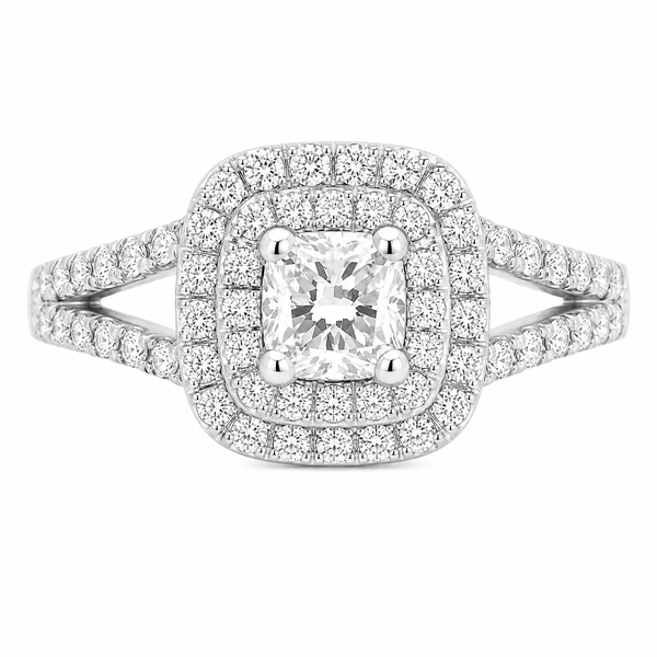 4 four claw solitaire cushion round brilliant cut Diamond engagement ring double halo cluster set split shoulders Platinum yellow gold