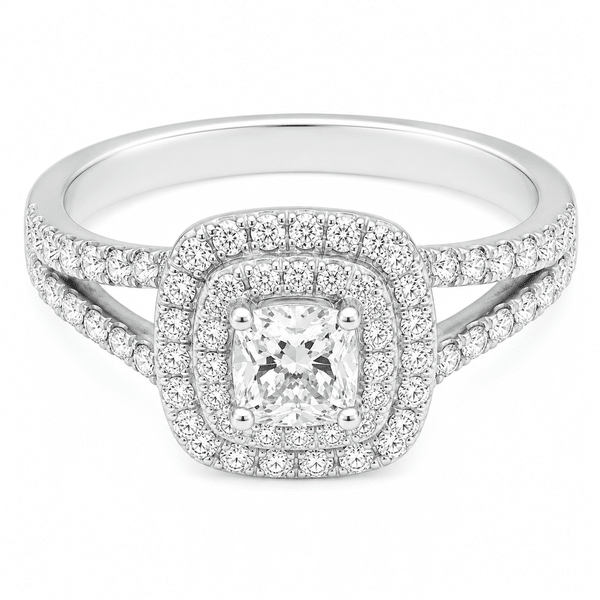 4 four claw solitaire cushion round brilliant cut Diamond engagement ring double halo cluster set split shoulders Platinum yellow gold