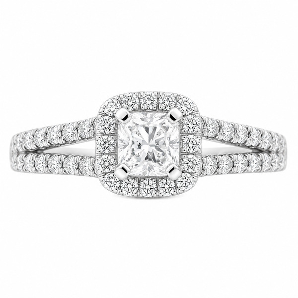 4 four claw solitaire cushion Diamond engagement ring round halo cluster set split double shoulders Platinum yellow gold
