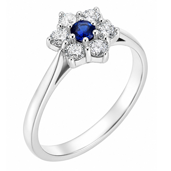 daisy floral petal design style round blue sapphire & round brilliant cut diamond claw set cluster ring dress platinum gold