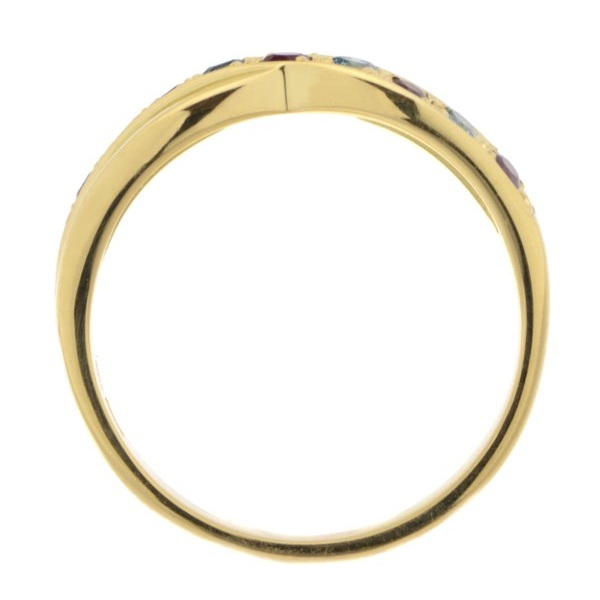 Modern modernist contemporary yoga graduated round blue diamond ruby crossover half Eternity style Ring platinum gold
