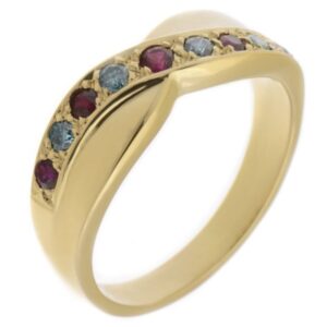 Modern modernist contemporary yoga graduated round blue diamond ruby crossover half Eternity style Ring platinum gold