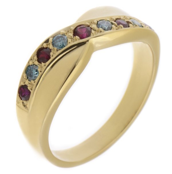 Modern modernist contemporary yoga graduated round blue diamond ruby crossover half Eternity style Ring platinum gold