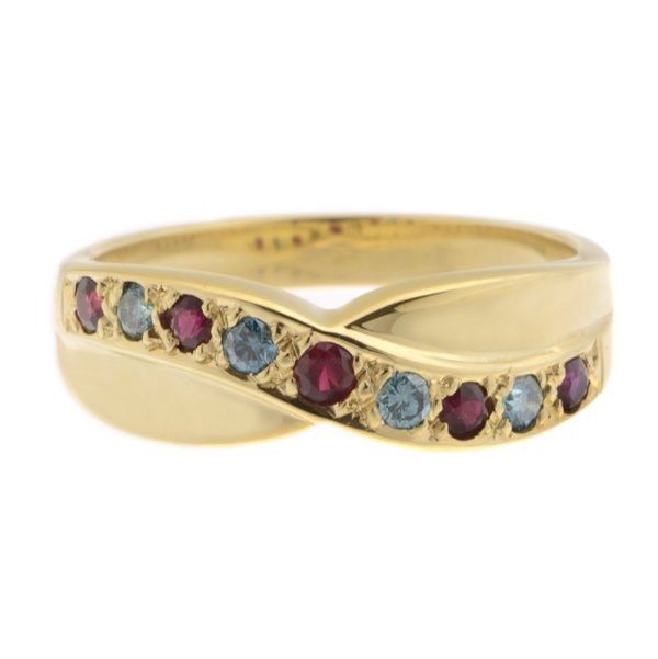 Modern modernist contemporary yoga graduated round blue diamond ruby crossover half Eternity style Ring platinum gold