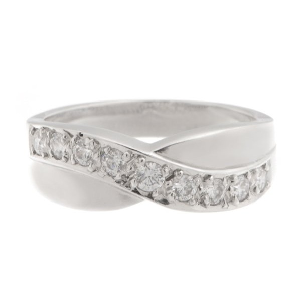 Modern modernist contemporary yoga graduated round diamond crossover half Eternity style Ring platinum gold