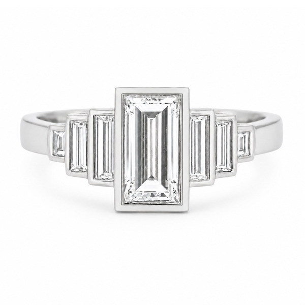 1920's Modern classic art deco style ring baguette cut diamond step diamonds rubover rubbed over engagement platinum gold