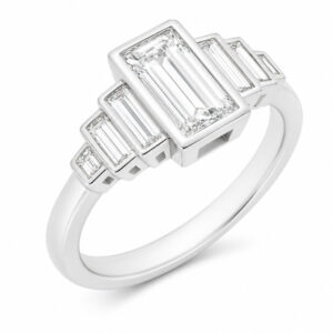 1920's Modern classic art deco style ring baguette cut diamond step diamonds rubover rubbed over engagement platinum gold