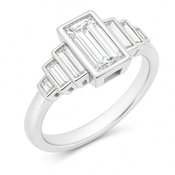 1920's Modern classic art deco style ring baguette cut diamond step diamonds rubover rubbed over engagement platinum gold