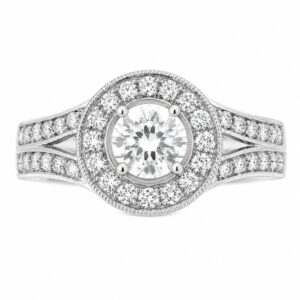 vintage art deco style Round brilliant cut Diamond Halo Cluster Ring With Split Shoulders shape setting platinum gold
