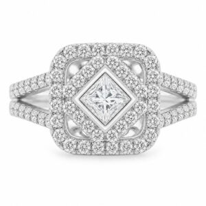 vintage art deco style princess & round brilliant cut diamond halo style cluster ringshape setting platinum gold