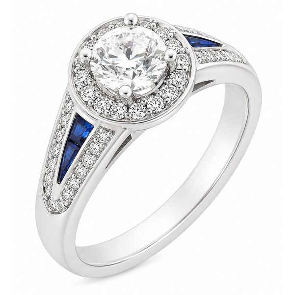 vintage art deco style Round brilliant cut Diamond & Blue Sapphire Halo Cluster Ring Split Shoulders shape setting platinum gold