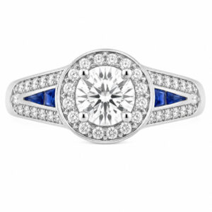 vintage art deco style Round brilliant cut Diamond & Blue Sapphire Halo Cluster Ring Split Shoulders shape setting platinum gold