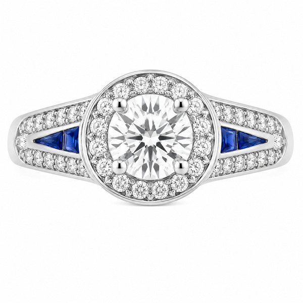vintage art deco style Round brilliant cut Diamond & Blue Sapphire Halo Cluster Ring Split Shoulders shape setting platinum gold