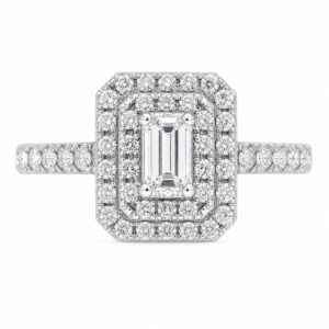 4 four claw solitaire emerald & round brilliant cut Diamond engagement ring double halo cluster set single shoulders Platinum yellow gold