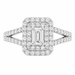 4 four claw solitaire emerald round brilliant cut Diamond engagement ring double halo cluster set split shoulders Platinum yellow gold