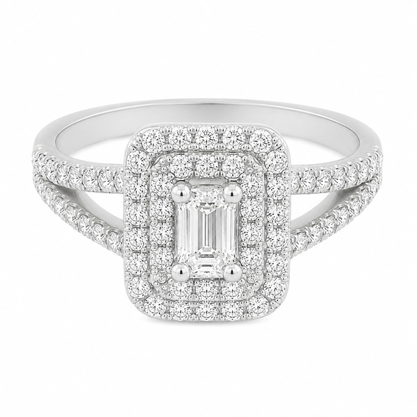 4 four claw solitaire emerald round brilliant cut Diamond engagement ring double halo cluster set split shoulders Platinum yellow gold