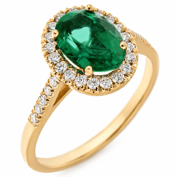 classic oval shape cut emerald with round brilliant cut diamonds halo cluster claw set ring platinum gold