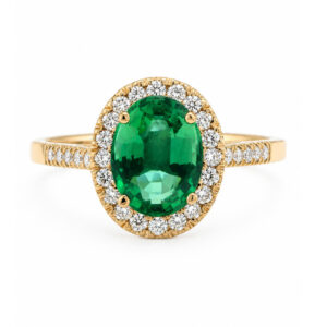 classic oval shape cut emerald with round brilliant cut diamonds halo cluster claw set ring platinum gold