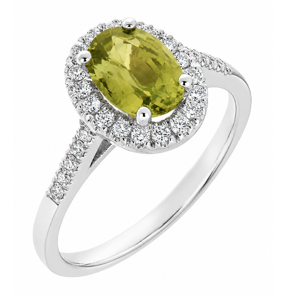 classic oval shape cut green sapphire with round brilliant cut diamonds halo cluster claw set ring platinum gold