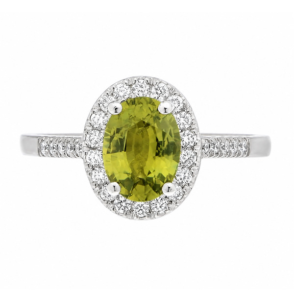 classic oval shape cut green sapphire with round brilliant cut diamonds halo cluster claw set ring platinum gold