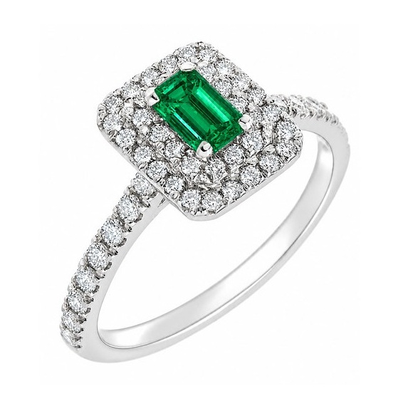 4 four claw solitaire green emerald & round brilliant cut Diamond engagement ring double halo cluster set single shoulders Platinum yellow gold