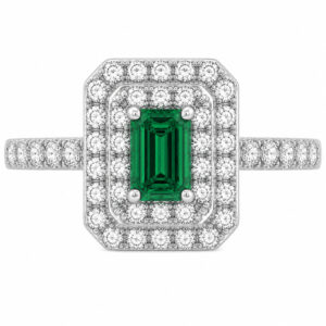 4 four claw solitaire green emerald & round brilliant cut Diamond engagement ring double halo cluster set single shoulders Platinum yellow gold