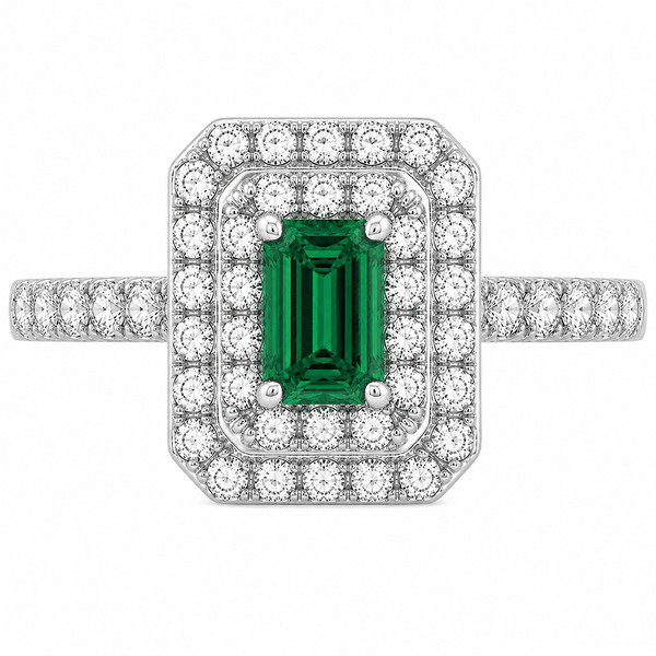 4 four claw solitaire green emerald & round brilliant cut Diamond engagement ring double halo cluster set single shoulders Platinum yellow gold