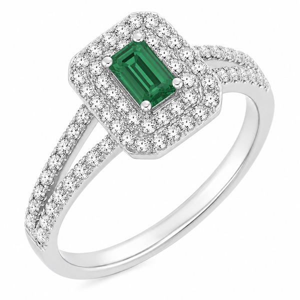 4 four claw solitaire emerald & round brilliant cut Diamond engagement ring double halo cluster set split shoulders Platinum yellow gold