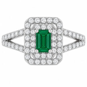 4 four claw solitaire emerald & round brilliant cut Diamond engagement ring double halo cluster set split shoulders Platinum yellow gold
