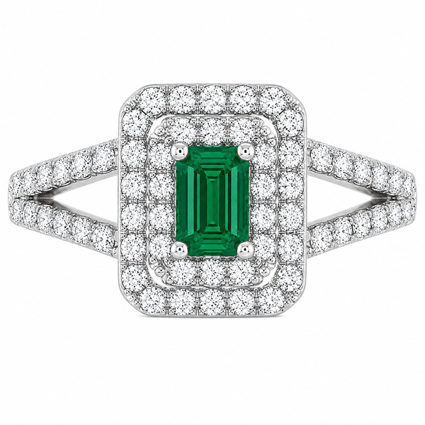 4 four claw solitaire emerald & round brilliant cut Diamond engagement ring double halo cluster set split shoulders Platinum yellow gold