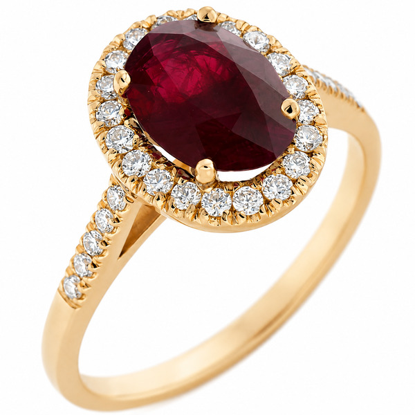 classic oval shape cut ruby with round brilliant cut diamonds halo cluster claw set ring platinum gold