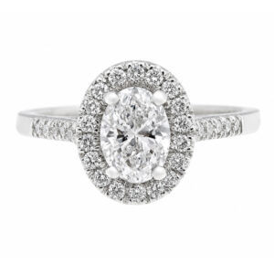 classic oval shape cut Diamond with round brilliant cut diamonds halo cluster claw set ring platinum gold