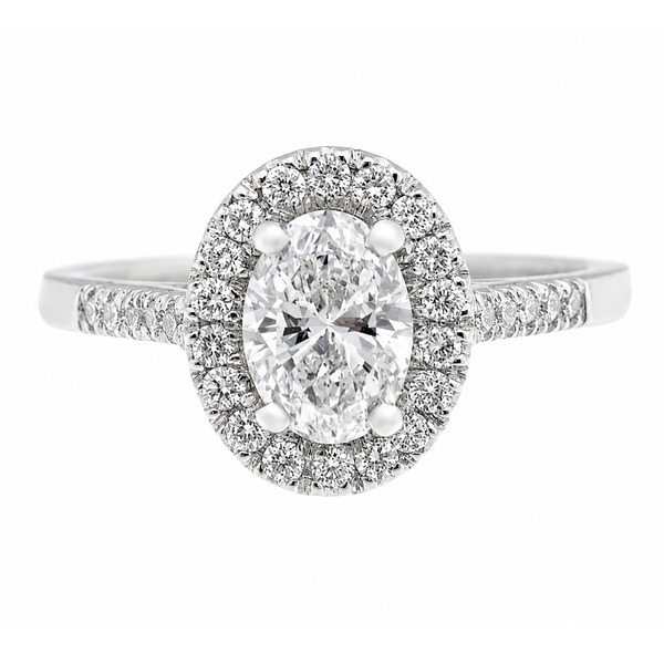 classic oval shape cut Diamond with round brilliant cut diamonds halo cluster claw set ring platinum gold