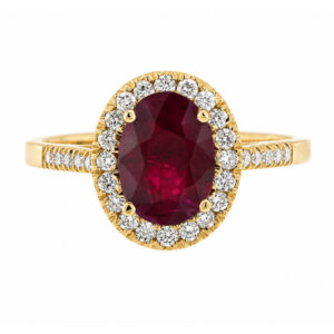 classic oval shape cut ruby with round brilliant cut diamonds halo cluster claw set ring platinum gold