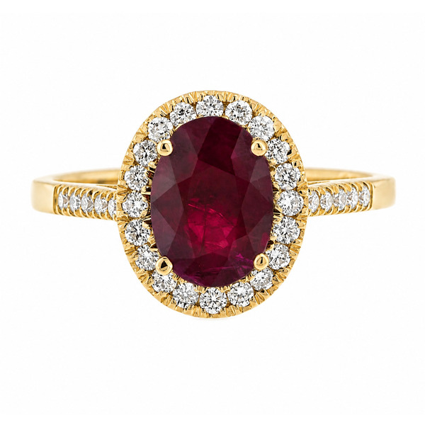 classic oval shape cut ruby with round brilliant cut diamonds halo cluster claw set ring platinum gold