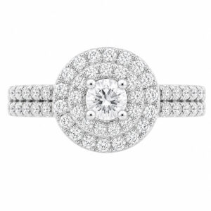 4 four claw solitaire round brilliant cut Diamond engagement ring double halo cluster set double shoulders Platinum yellow gold