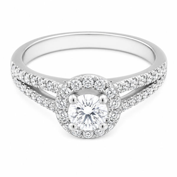 4 four claw solitaire round brilliant Diamond engagement ring halo cluster set split double shoulders Platinum yellow gold