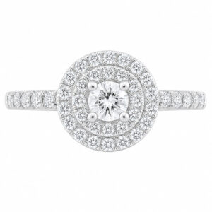 4 four claw solitaire round brilliant cut Diamond engagement ring double halo cluster set single shoulders Platinum yellow gold