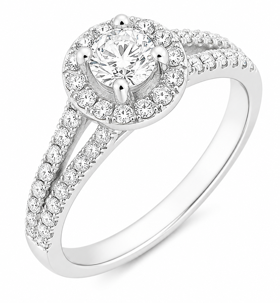 4 four claw solitaire round brilliant Diamond engagement ring halo cluster set split double shoulders Platinum yellow gold