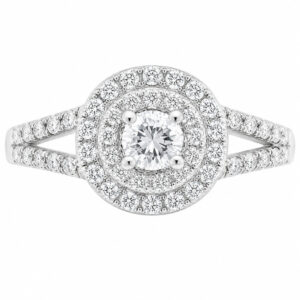 4 four claw solitaire round brilliant cut Diamond engagement ring double halo cluster set split shoulders Platinum yellow gold