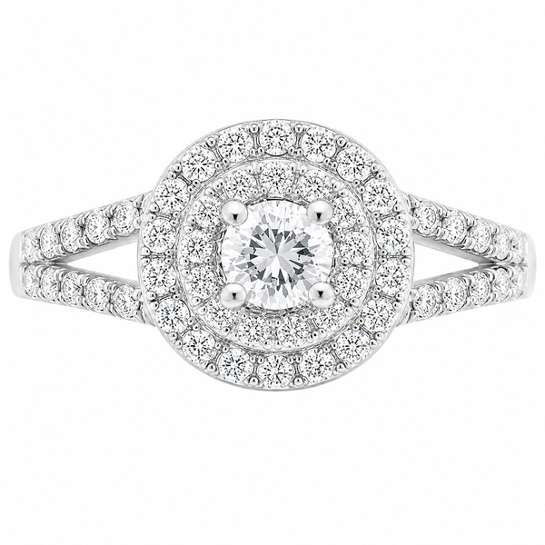 4 four claw solitaire round brilliant cut Diamond engagement ring double halo cluster set split shoulders Platinum yellow gold
