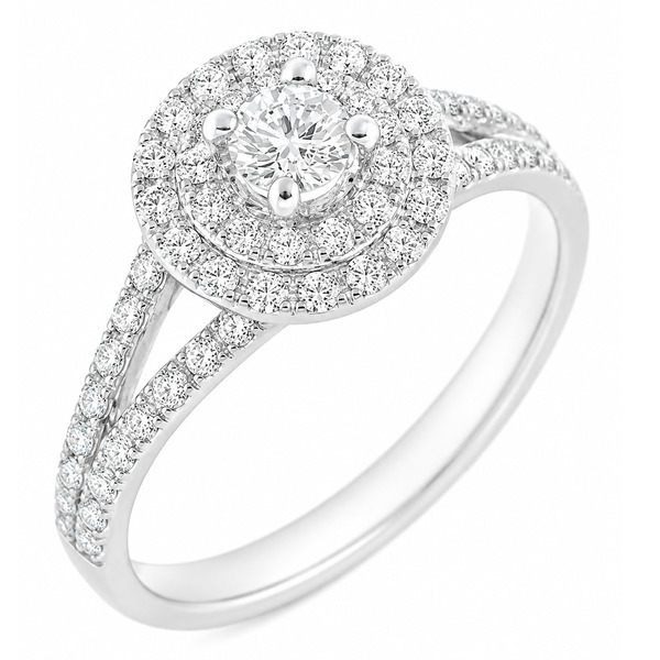 4 four claw solitaire round brilliant cut Diamond engagement ring double halo cluster set split shoulders Platinum yellow gold