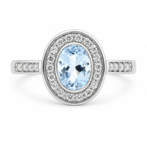 classic oval shape cut aqua aquamarine round brilliant cut diamonds halo cluster grain set engagement ring platinum gold