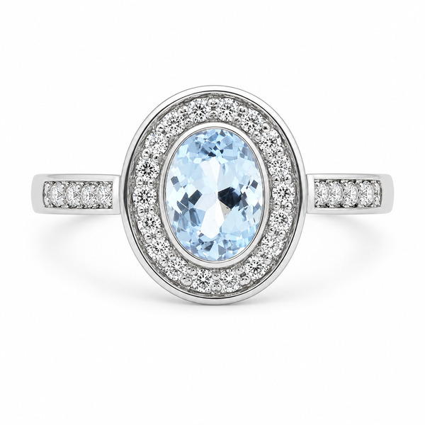 classic oval shape cut aqua aquamarine round brilliant cut diamonds halo cluster grain set engagement ring platinum gold