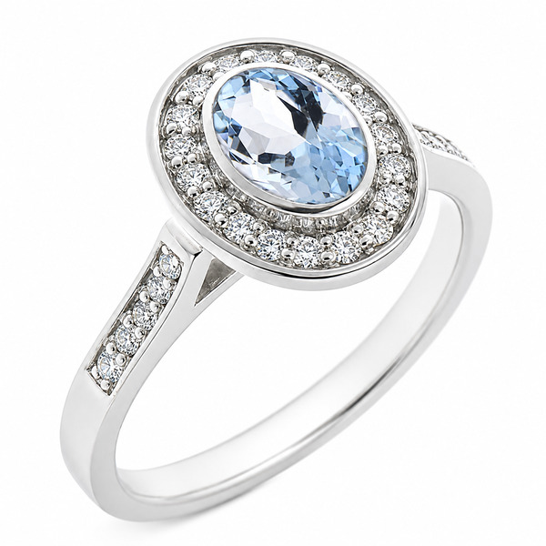 classic oval shape cut aqua aquamarine round brilliant cut diamonds halo cluster grain set engagement ring platinum gold