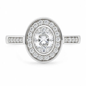 classic oval shape cut Diamond with round brilliant cut diamonds halo cluster grain set engagement ring platinum gold