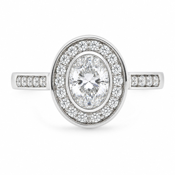 classic oval shape cut Diamond with round brilliant cut diamonds halo cluster grain set engagement ring platinum gold